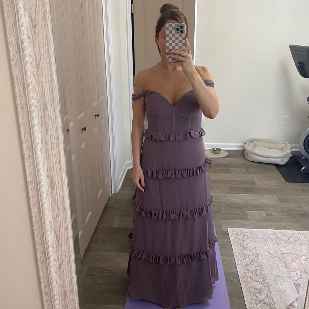 Revelry Sloane Chiffon Dress | Dusty purple off the shoulder tiered gown